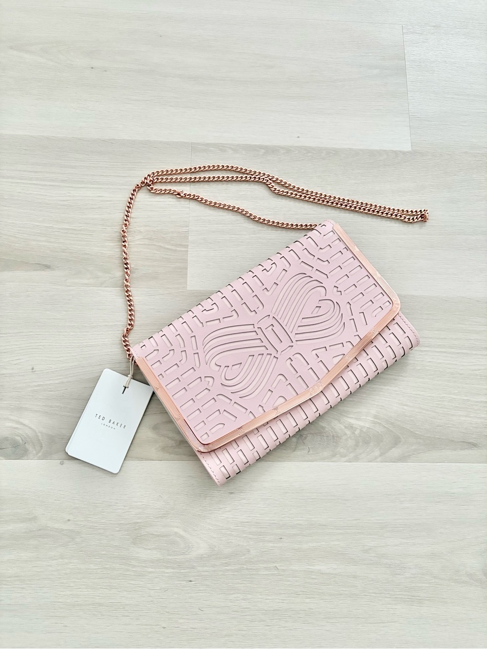 Ted Baker Blush Pink Laser-Cut Crossbody with Rose Gold Chain